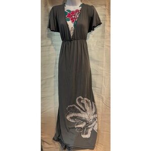 Gray V Neck Maxi Dress with Flower